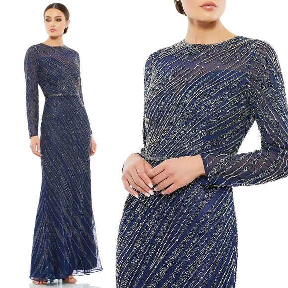 Mac Duggal Dresses & Skirts - Mac Duggal NEW Navy Long Sleeve Beaded Column Evening Gown 5240 $598 - Size 10